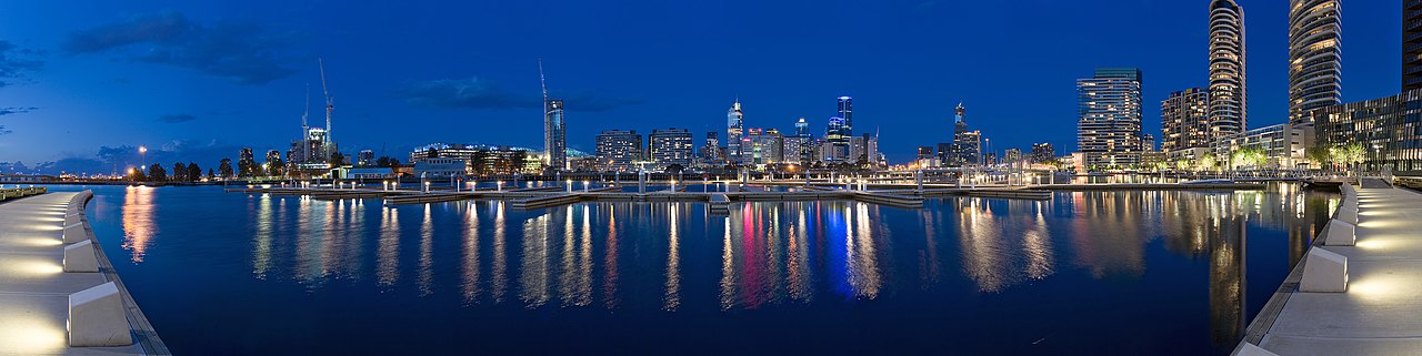 A panorama of the Melbourne skyline from Yarra's Edge, Docklands at twilight.