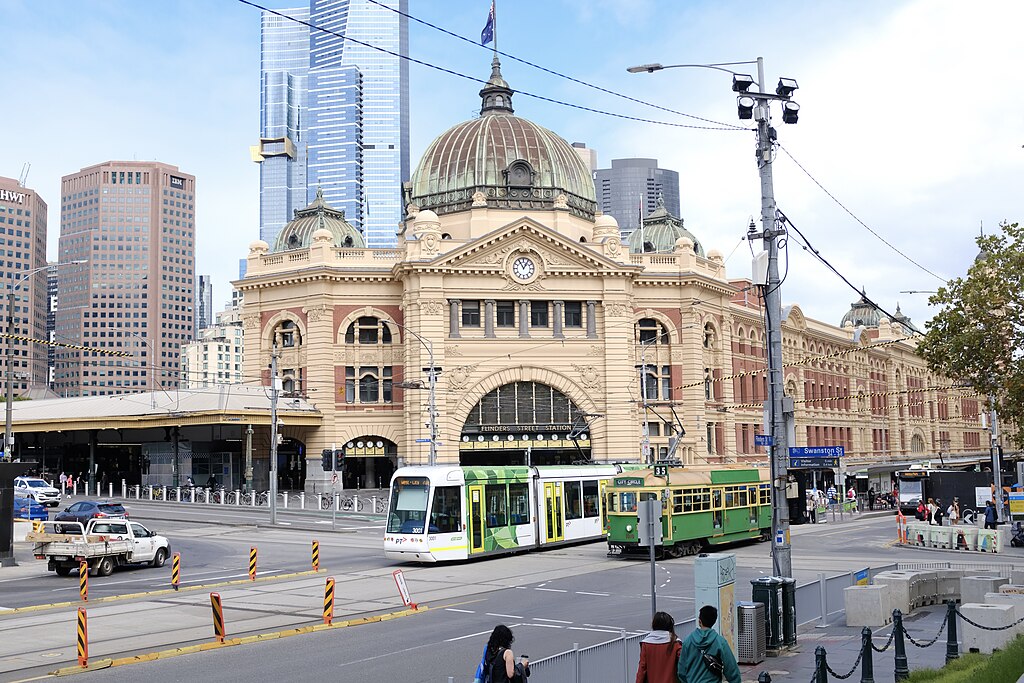 Flinders Street Station Melbourne March 2021 with trams