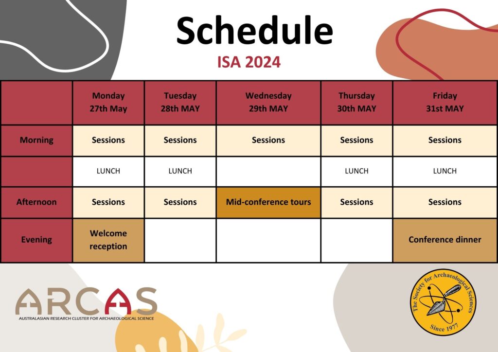An image showing the schedule for ISA2024.
The schedule covers 27th to 31st of May.
Each morning there will be sessions followed by lunch. 
In the afternoons there are more sessions except for Wed the 29th where the mid conference tours will take place.
In the evenings there is a welcome reception on the Mon and a conference dinner on the Friday.